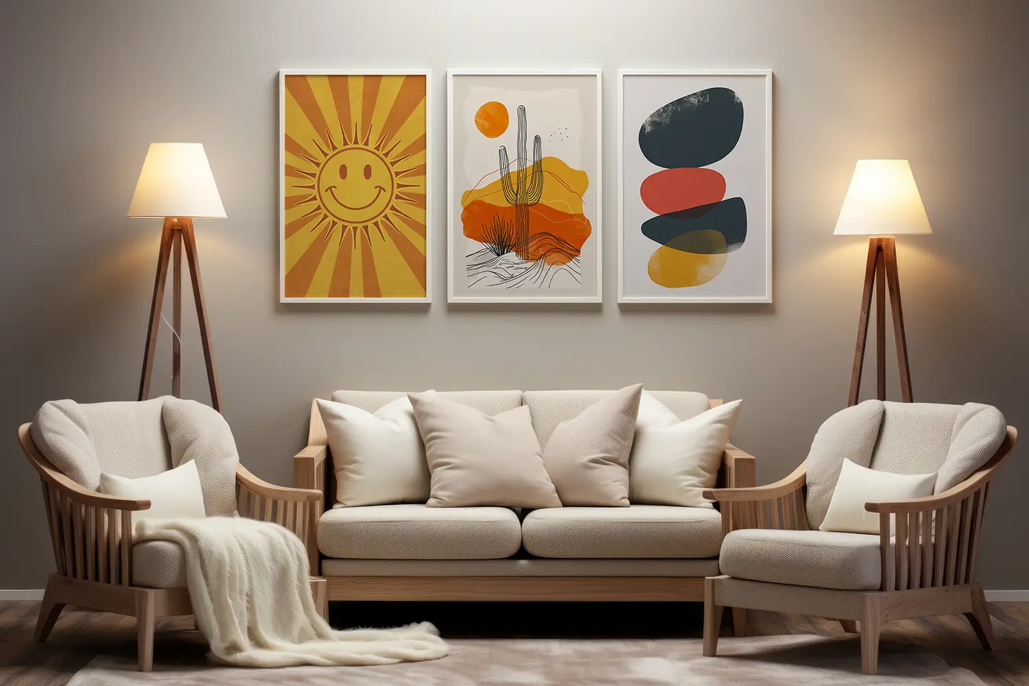 A living room with a white sofa, two armchairs, and three framed artworks on the wall.