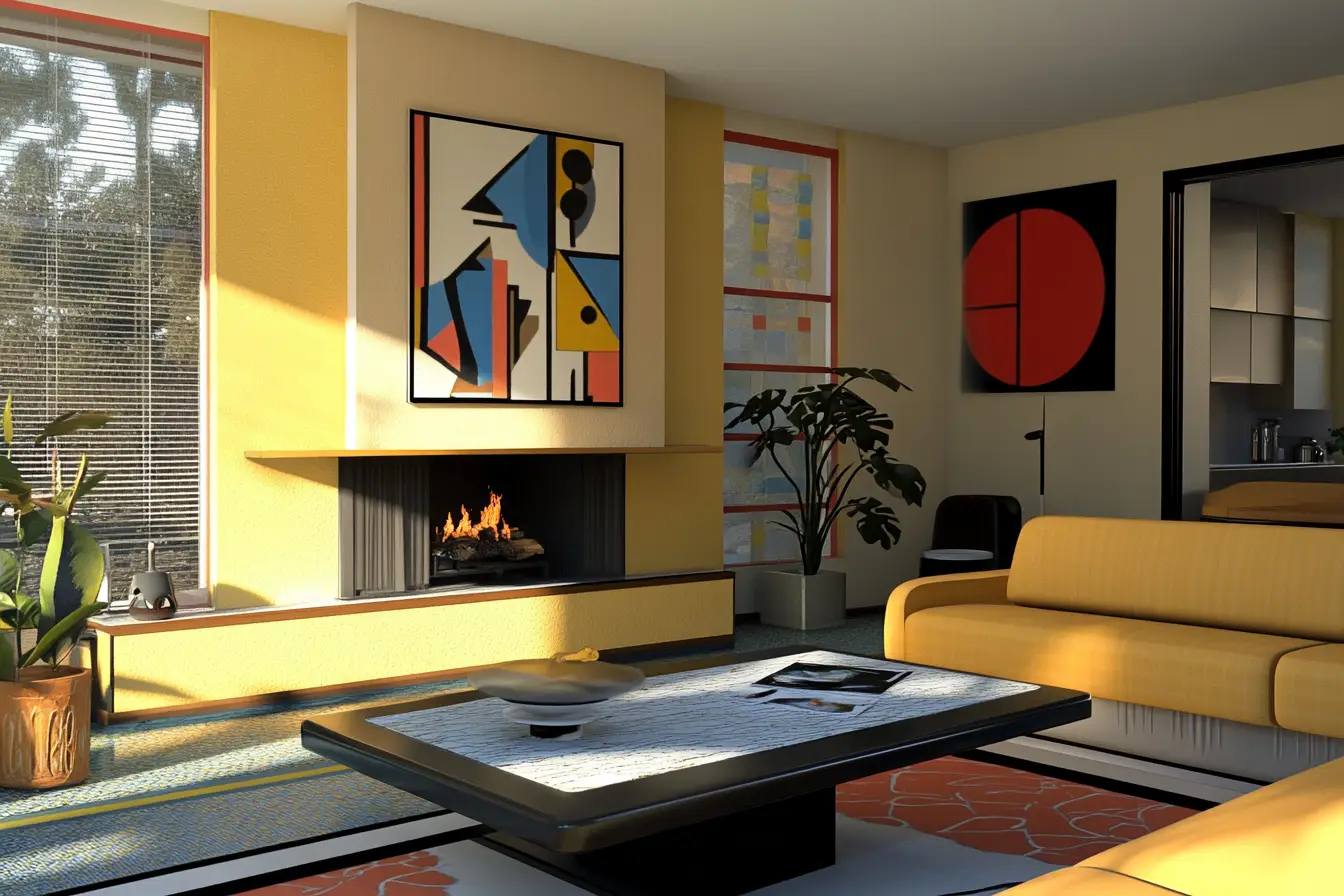 A modern living room with a fireplace, a large abstract painting, and a coffee table in the center.